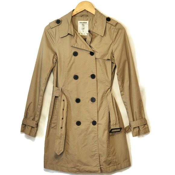 Pull & Bear Double Breasted Belt Tie Waist Mid Length Tan Trench Coat Size S - Picture 2 of 16